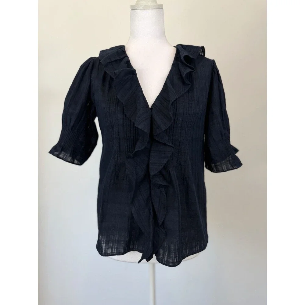 Madewell XXS Black Ruffle Blouse Cotton Plaid Textured Puff Sleeve Romantic Top